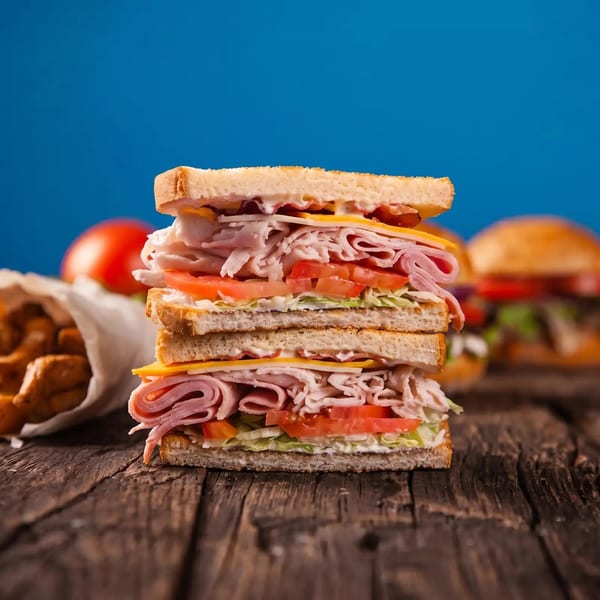 Stacked club sandwich with turkey, ham, cheese, lettuce, and tomato on a rustic wooden table.
