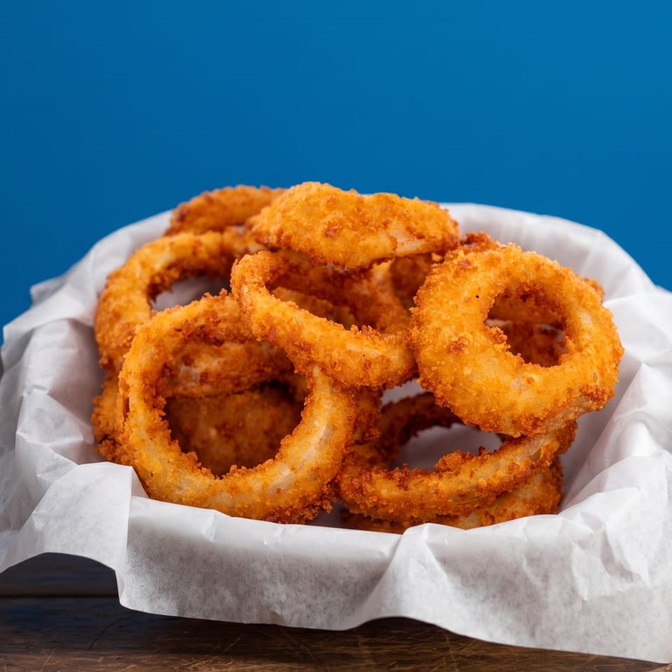 Crispy golden onion rings piled in a paper-lined basket on a wooden table against a blue background.