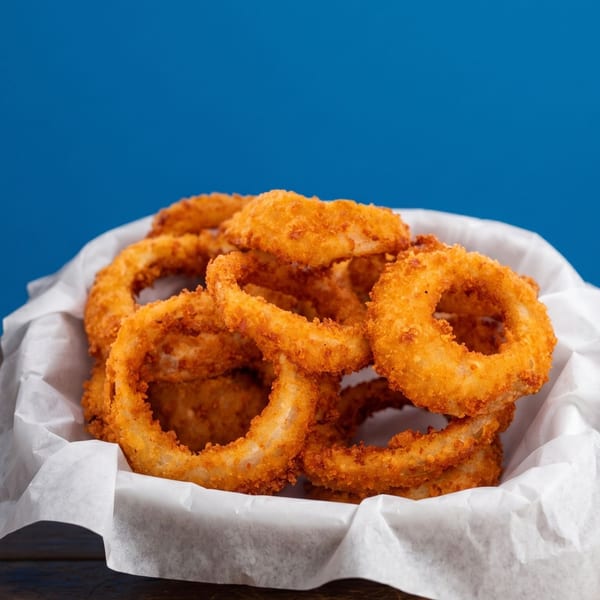 Golden-brown onion rings in a white paper-lined basket on a wooden table with a blue background.